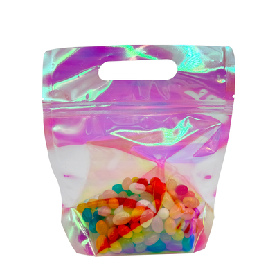 comprar Bolsas personalizadas de color rosa radiante holográfico con cremallera y agujero de mango para el embalaje de accesorios alimentarios online manufacture