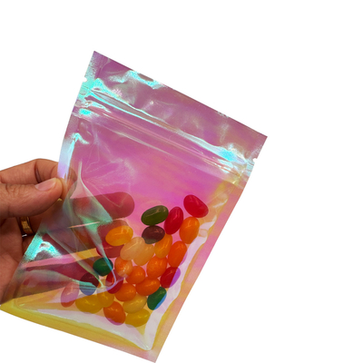 comprar Bolsas selladas personalizadas de color arco iris rosa Holográfico Flat Zipper 3 lados Bolsas selladas para empacar alimentos, accesorios, cosméticos online manufacture