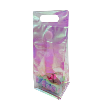 comprar Bolsa holográfica personalizada Arco iris rosa transparente fondo plano bolsas de pie con botón pegajoso resealable para accesorio de dulces online manufacture