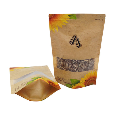 comprar Resistente al agua recerrable Ziplock Kraft bolsas de pie con ventana para semillas de girasol nueces embalaje de alimentos online manufacture
