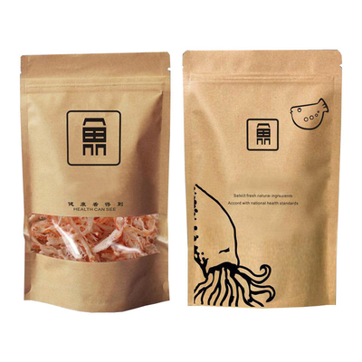 comprar Bolsa de papel Kraft de pie impresa con cremallera con ventana transparente mate para envases secos de mariscos online manufacture