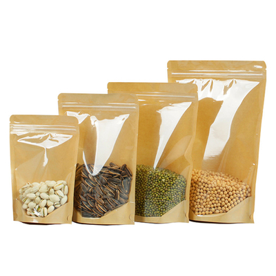 comprar 4.7x7.9 pulgadas de plástico transparente Frente marrón Kraft Atrás Reclutable Stand Up Ziplock bolsas de bolsas de bolsillo online manufacture