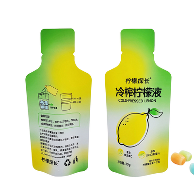 Botella a prueba de olor impresa a medida en forma de bolsa de pie con muesca de lágrimas con forro de papel laminado para embalaje de bebidas de jugo de limón