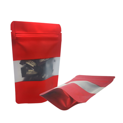 Apasionado rojo mate de papel metálico espalda de pie bolsas de bocadillos reutilizables con cremallera y ventana para el negocio de la fiesta