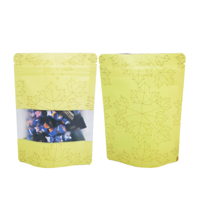 Hoja de arce amarilla de diseño de papel laminado a prueba de olor bolsas de cerradura de pie con ventana transparente mate para el embalaje de alimentos