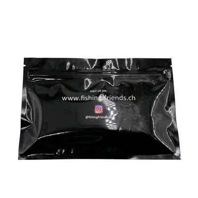 Impreso a medida Frente negro, espalda clara, papel plateado revestido con cremallera plana, bolsas Mylar para cebos de pesca.