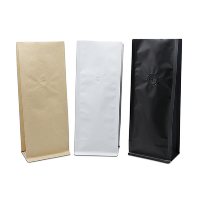 0.5lb 1lb marrón blanco negro revestido de papel laminado de fondo plano bolsas de papel kraft con cerradura de lazos de lata y válvula de desgasificación